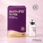 AestheFill packaging and vial on a pink background with Rosvia branding.