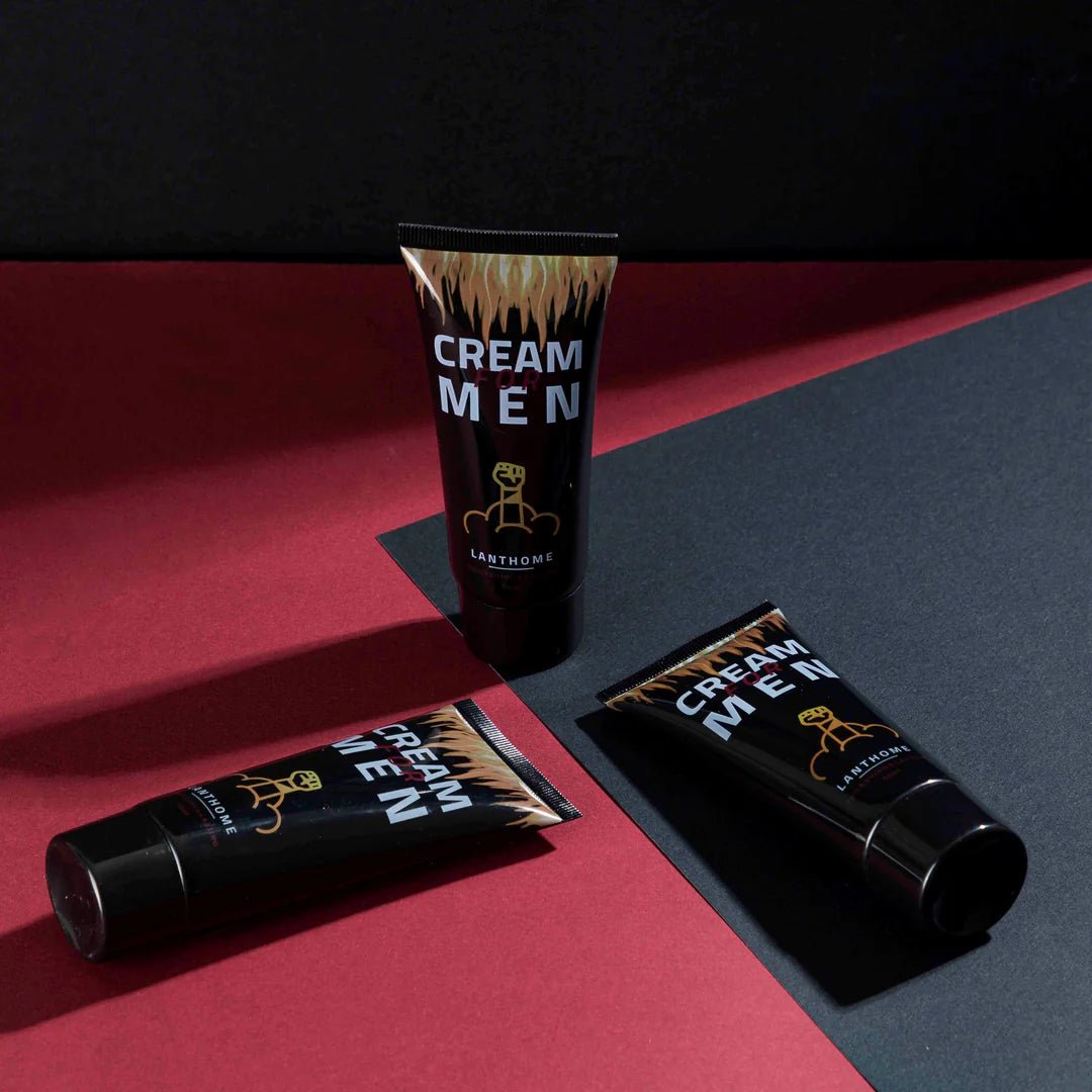 lanthome-cream-men-three-tubes-rosvia Three tubes of Lanthome Cream for Men displayed on red and black background – rosvia.com
