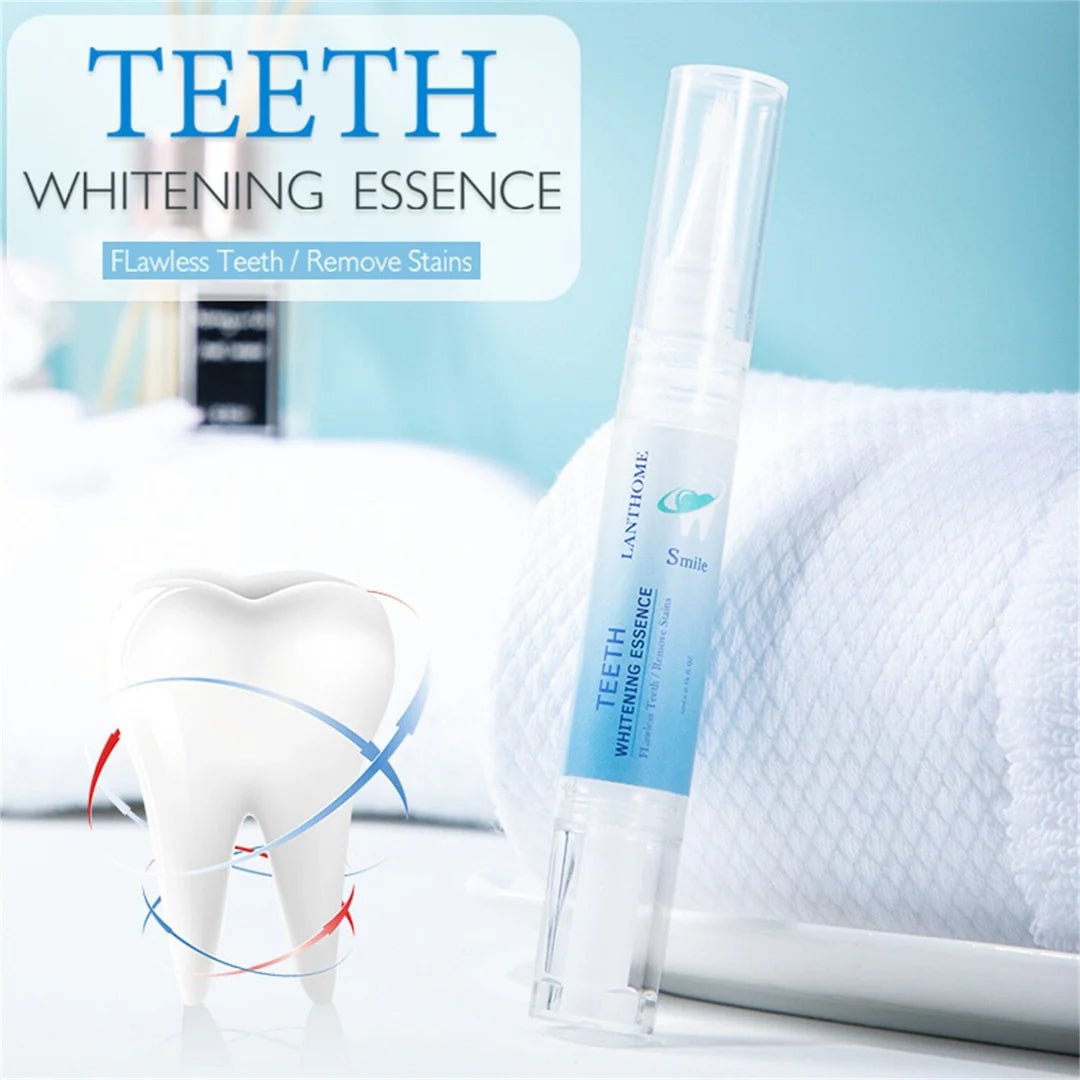 lanthome-teeth-whitening-essence-original-rosvia Lanthome Teeth Whitening Essence pen next to white towel - rosvia.com