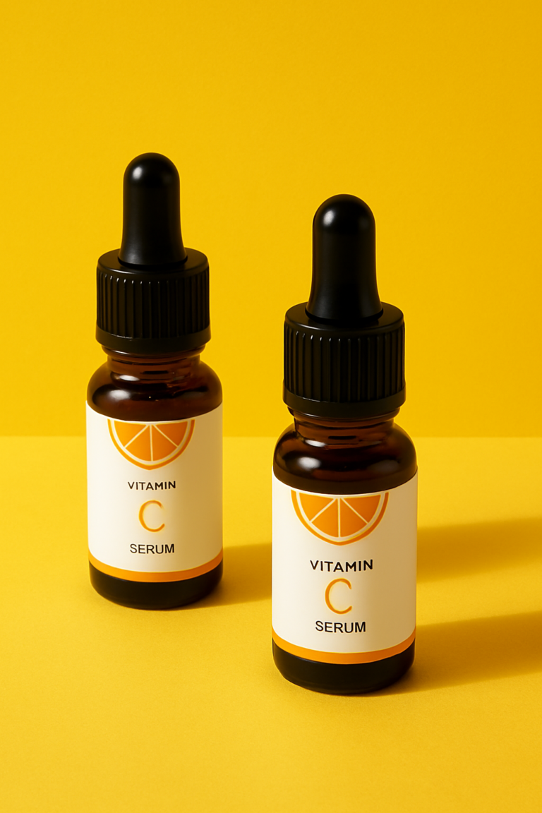 Two Vitamin C serum bottles with orange slice labels on a warm yellow surface in soft natural lighting, featured on rosvia.com.